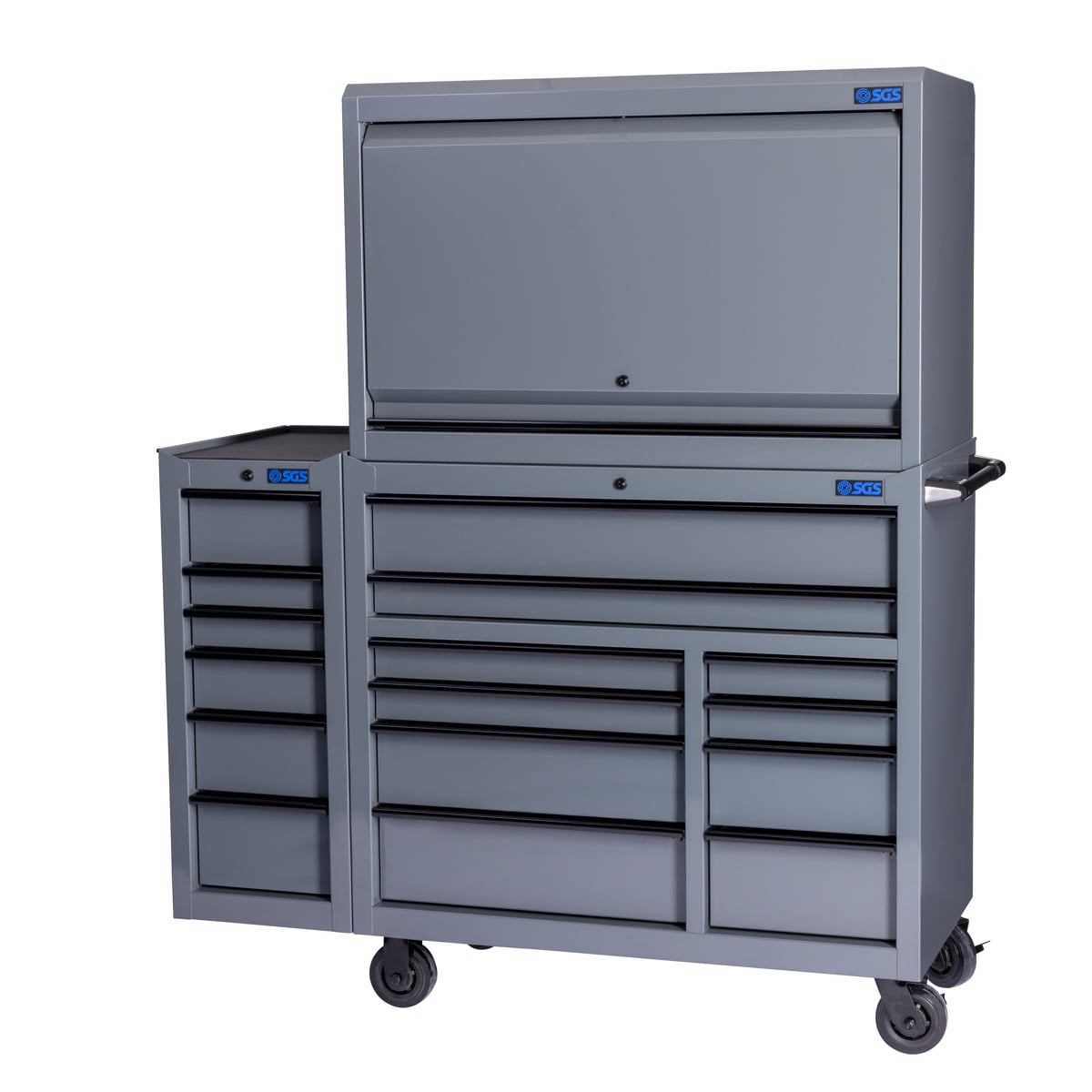 SGS 42in Roller Cabinet with Top Hutch and Side Cabinet | 16 Drawers | Slate Grey
